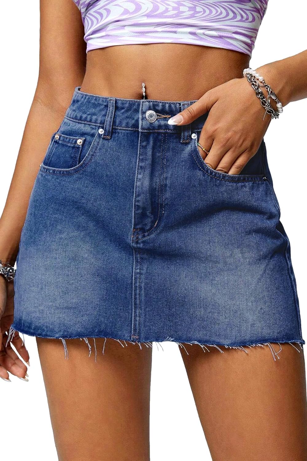 ELLEVEN Denim Mini Skirt for Women with Raw Hem and Pockets