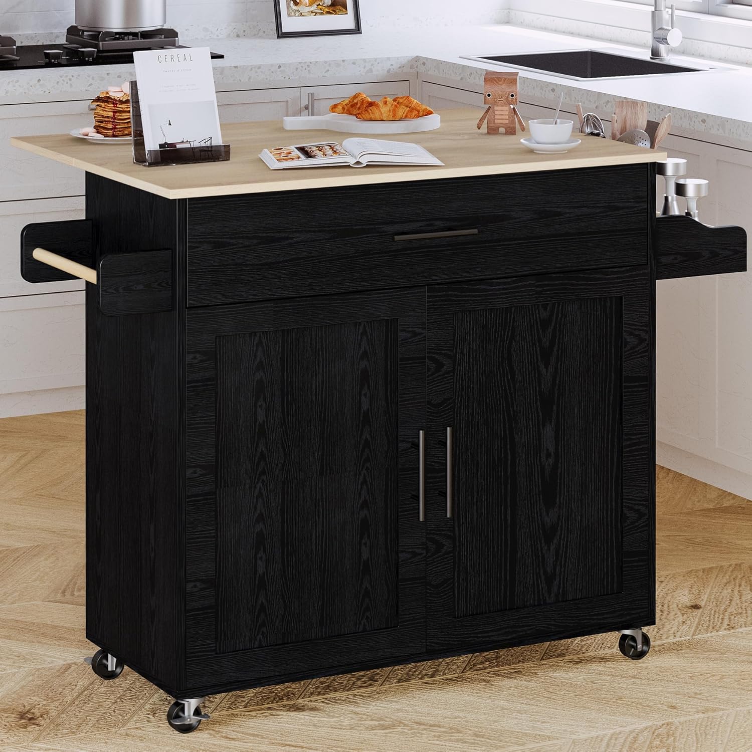 Rolling Kitchen Island with Storage and Charging Station for Home