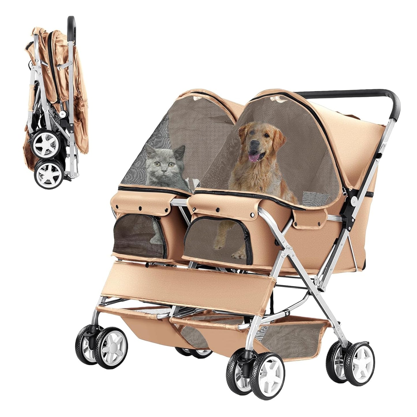Double Pet Stroller for 2 Dogs & Cats, Foldable Twin Carrier