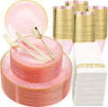Clear Pink Plastic Plates with Gold Rim Party Set - Hammered Design