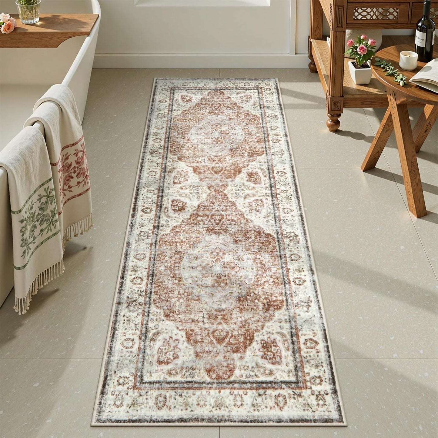 Uphome Bathroom Rugs Runner - Vintage Boho Orange Bath Mat
