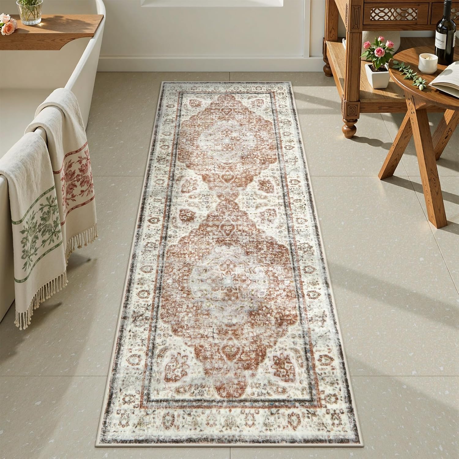 Uphome Bathroom Rugs Runner - Vintage Boho Orange Bath Mat