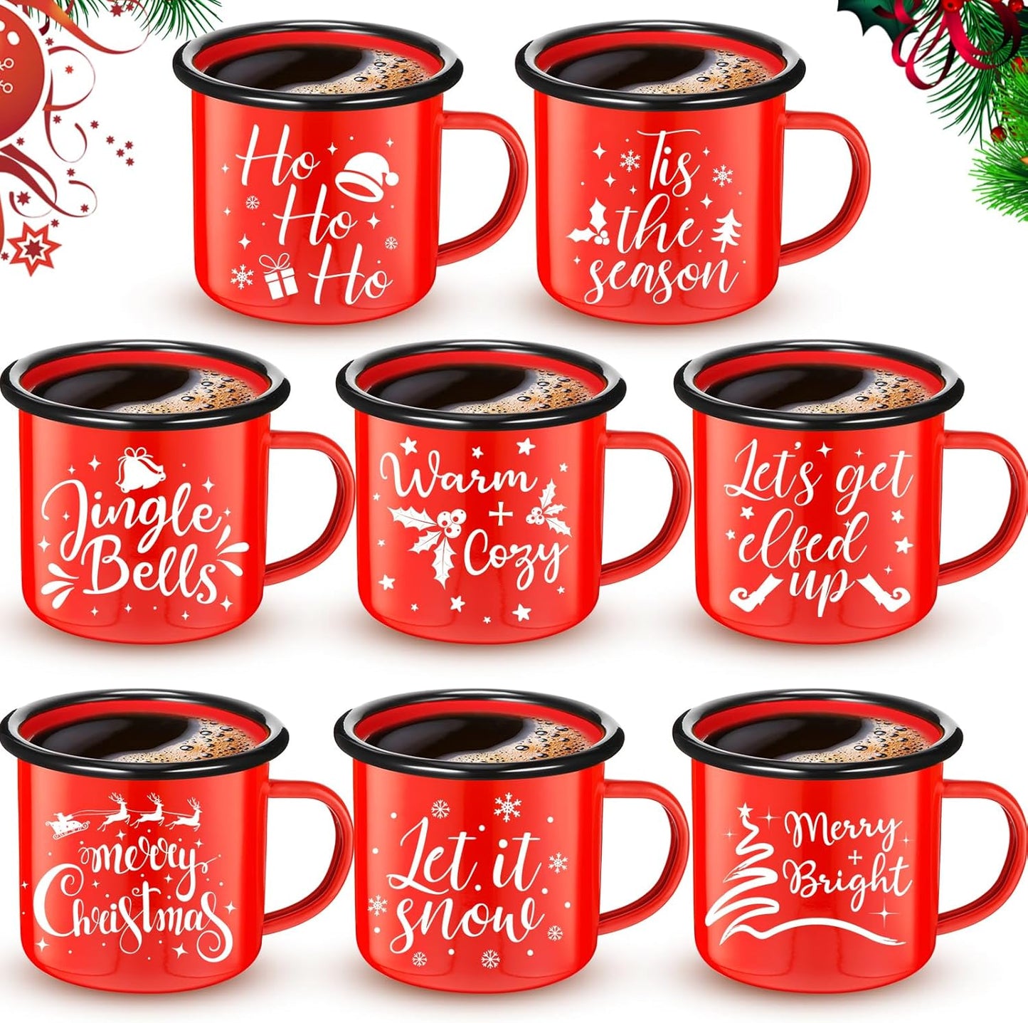 Shellwei 8 Pcs Christmas Mugs Set for Holiday Beverages