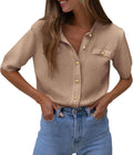 Women's Summer Button Down Ribbed Knit Blouse - Lightweight Comfort
