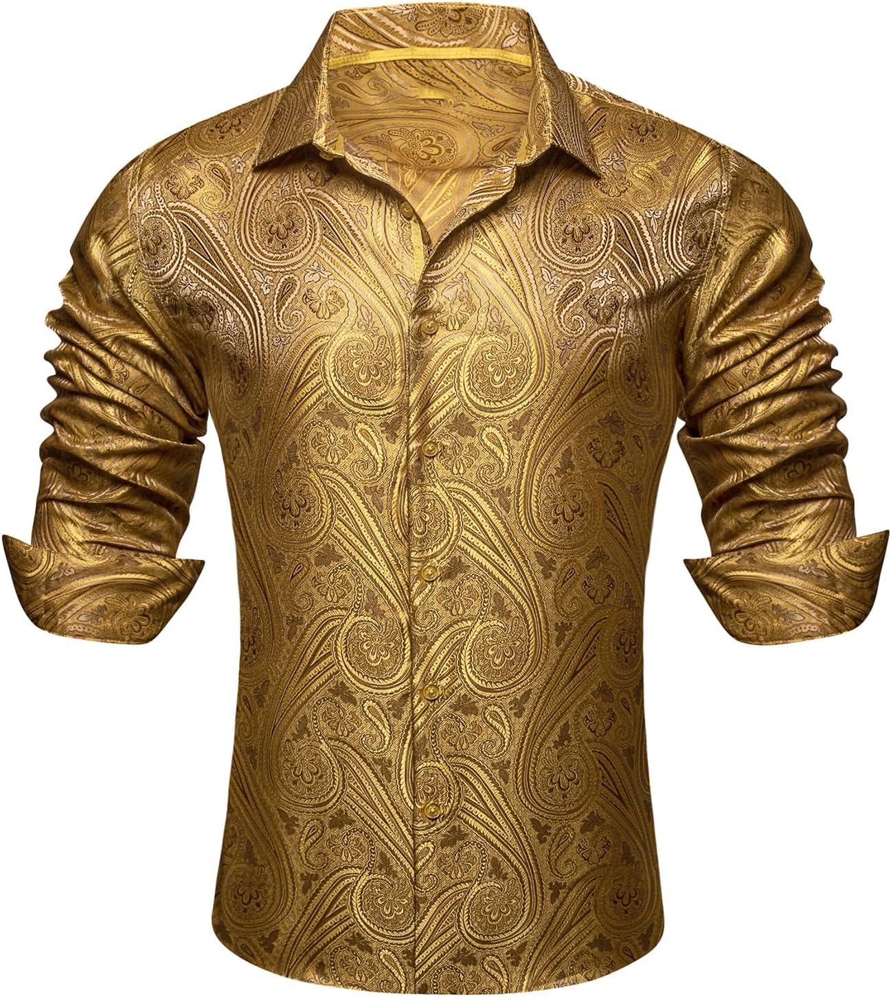 Barry.Wang Men Dress Shirts Paisley Silk Long Sleeve Tops