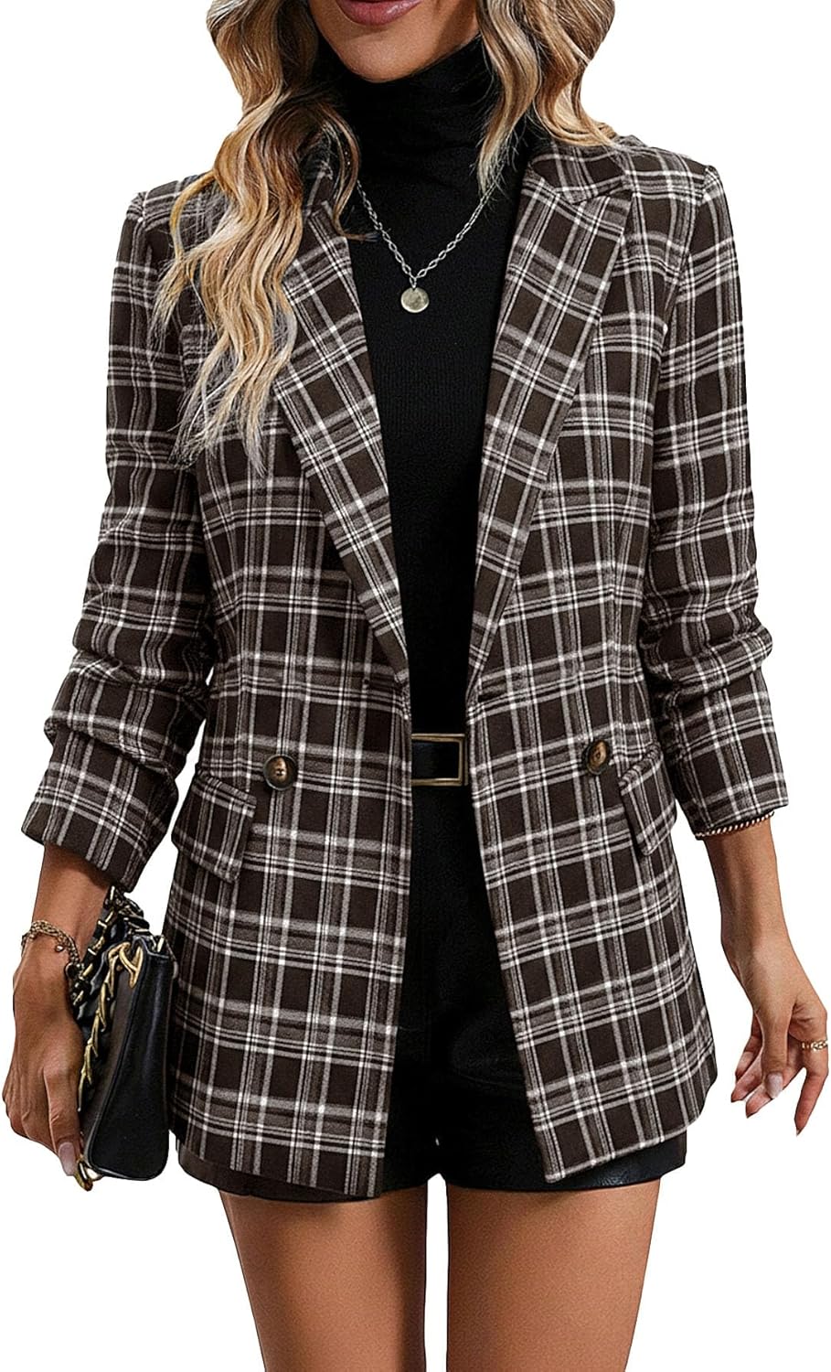 Mina Self Women's Plaid Houndstooth Blazer Jacket for Fall