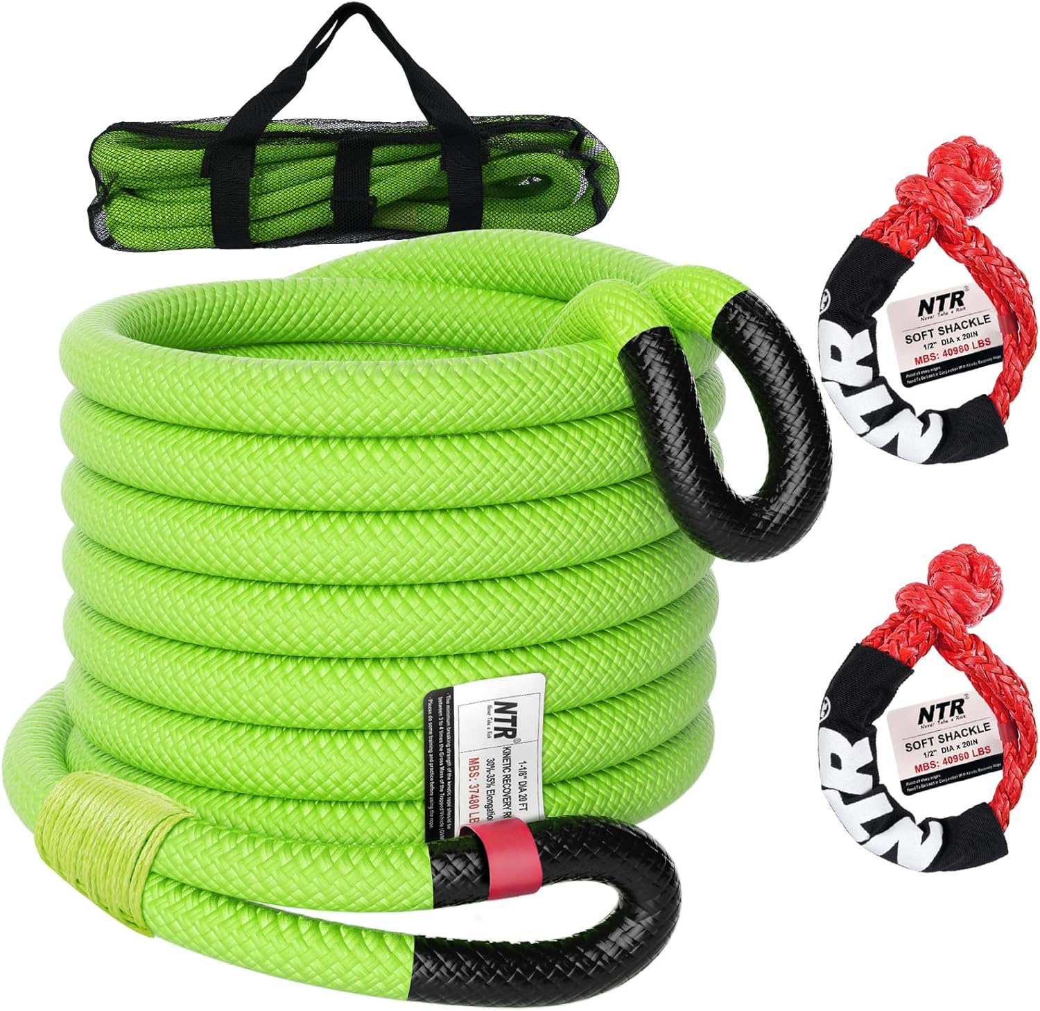 NTR Kinetic Recovery Tow Rope 30ft with Soft Shackles for Offroad