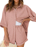 Waffle Knit Lounge Set Women Short Sleeve Button Down Shorts - Cozy