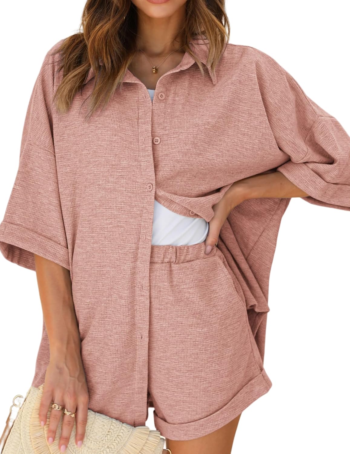 Ekouaer Waffle Knit Lounge Sets for Women - Cozy Pajama Set