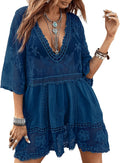 Women's Contrast Lace V-Neck Beach Cover Up - Soft Sheer Rayon Blend