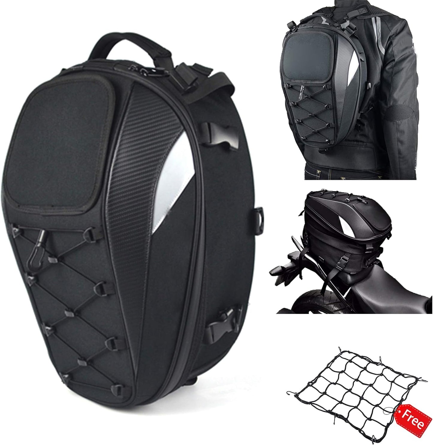 Motorcycle Tail Bag - Waterproof Helmet Bag with Extra Cargo Net