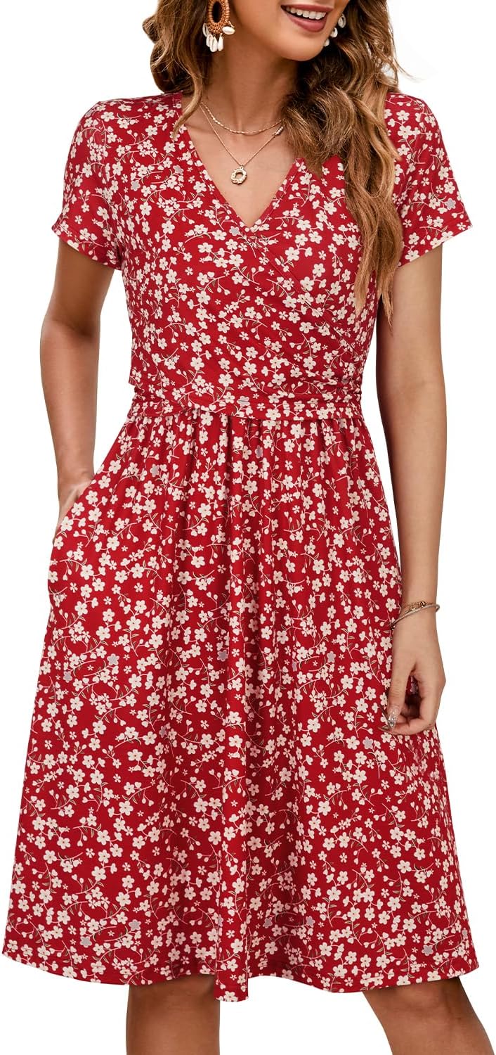 OUGES Women's V Neck Midi Dress with Pockets for Maternity