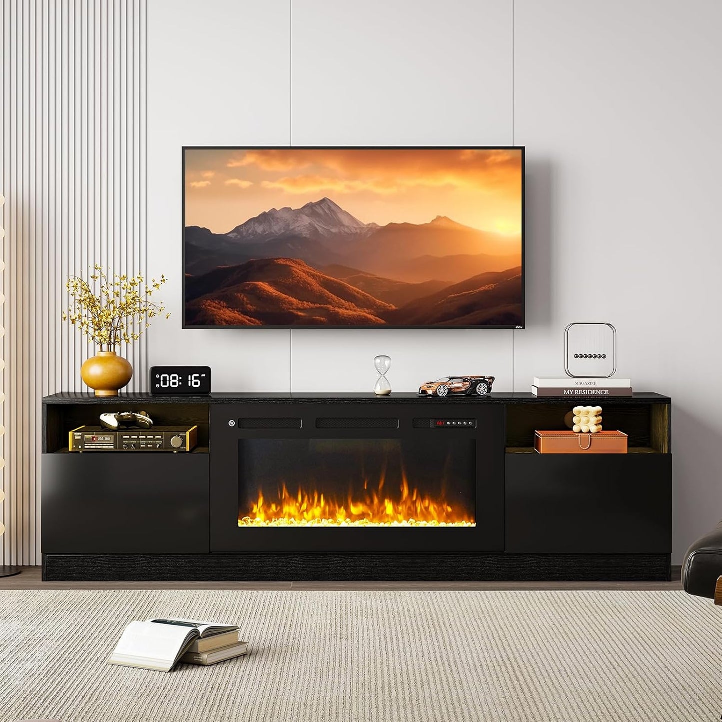 Modern Electric Fireplace TV Stand, LED Lights, Storage, Up to 80 TVs