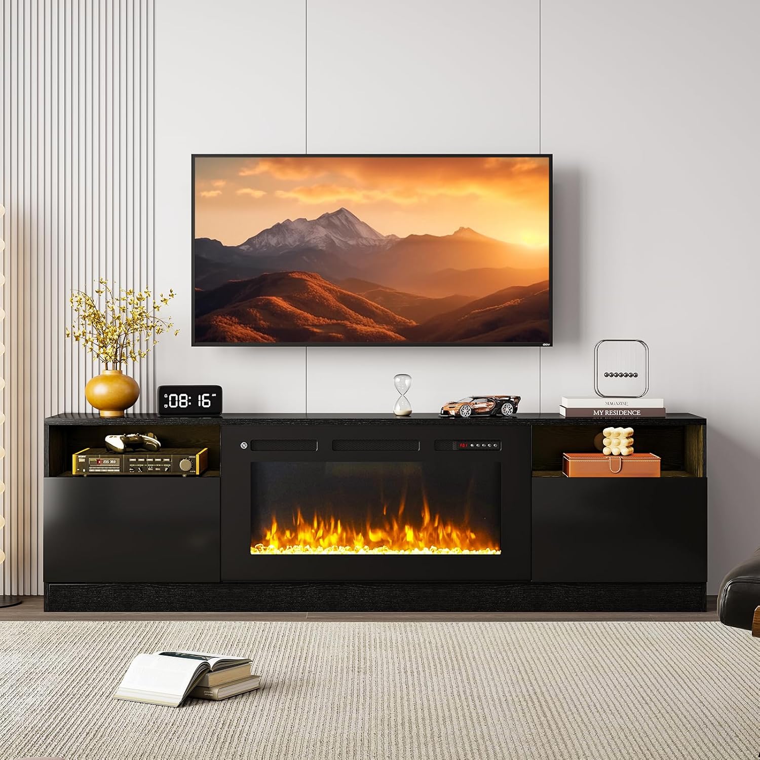 Modern Electric Fireplace TV Stand, LED Lights, Storage, Up to 80 TVs