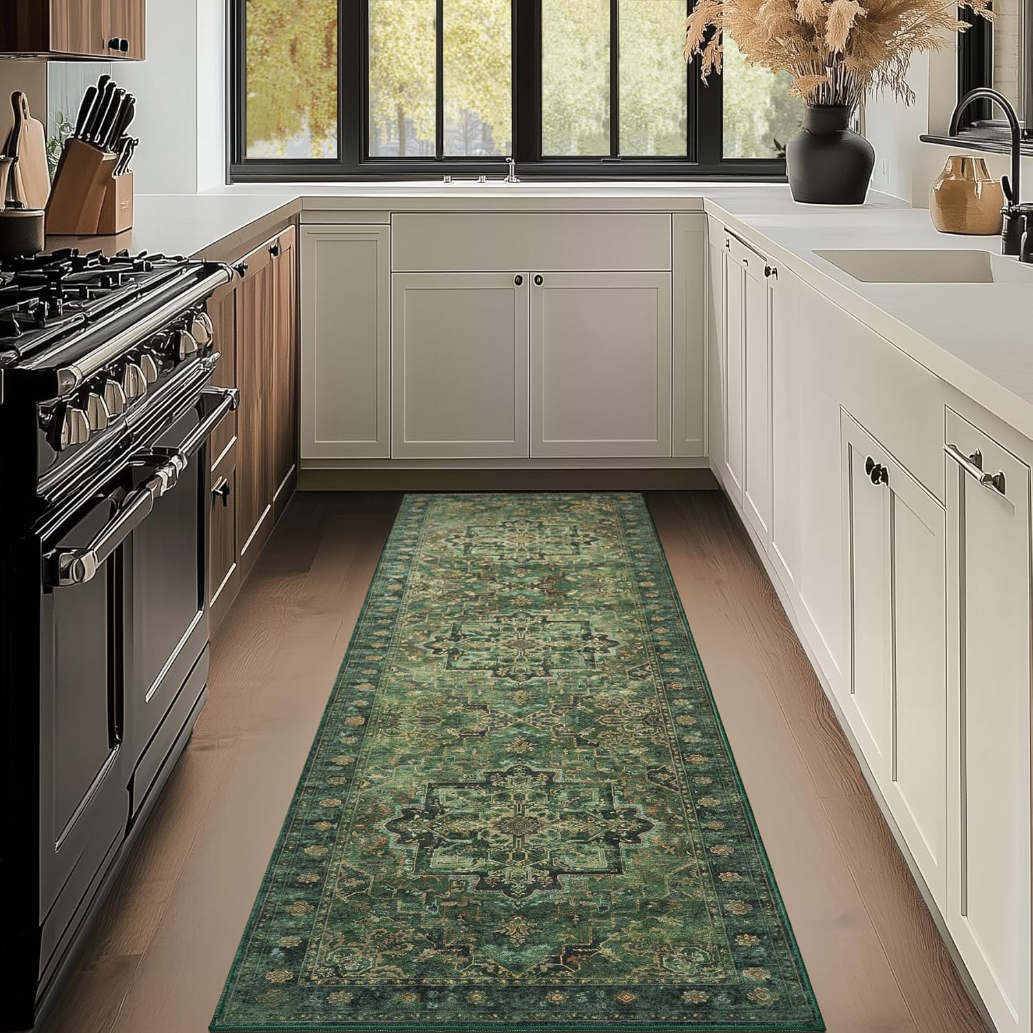 Traditional Medallion 2x8 Dark Green Runner Rug for Hallways