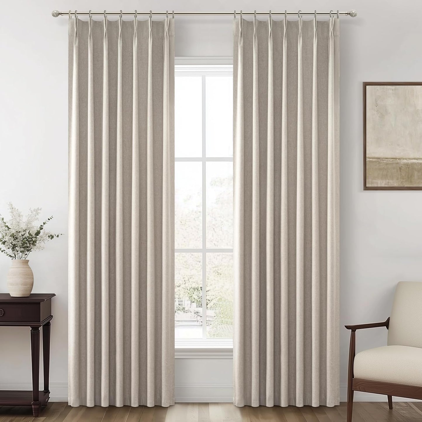 Grey Beige Linen Pinch Pleated Thick Blackout Curtains Set