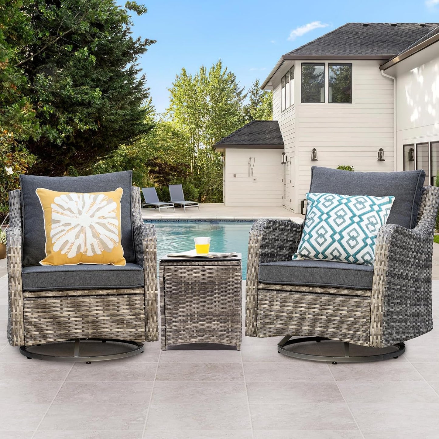 3 Pieces Patio Furniture Set with Swivel Rocker & Glass Table
