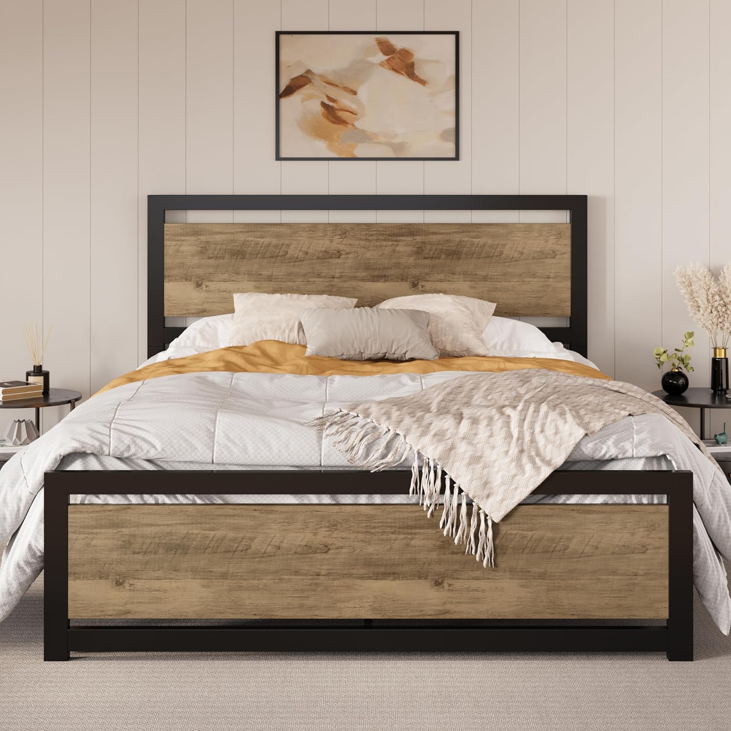 SHA CERLIN Full Size Bed Frame with Modern Headboard Design