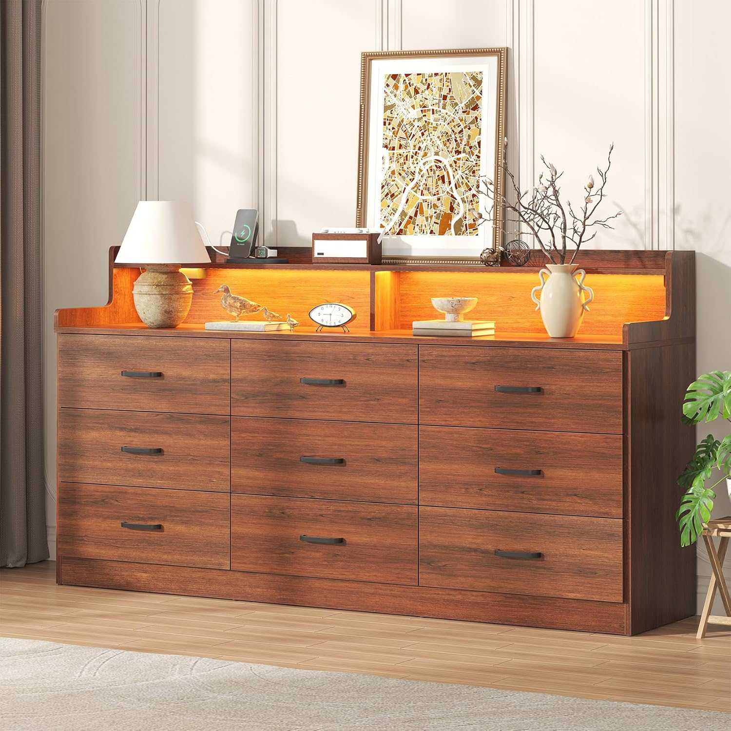 Modern 9 Drawer Dresser with Power Outlet and LED Light