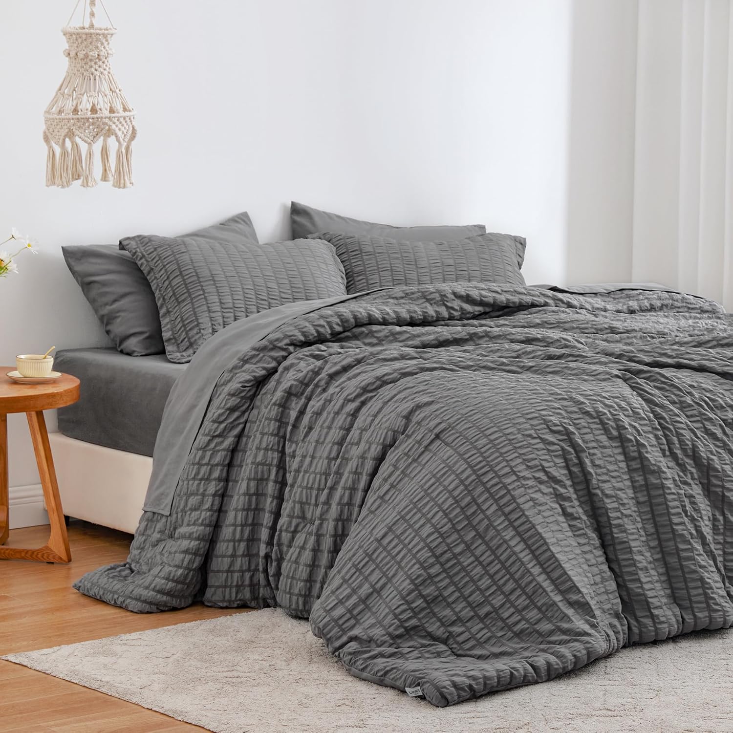 Seersucker Dark Grey Queen Comforter Set for All Seasons