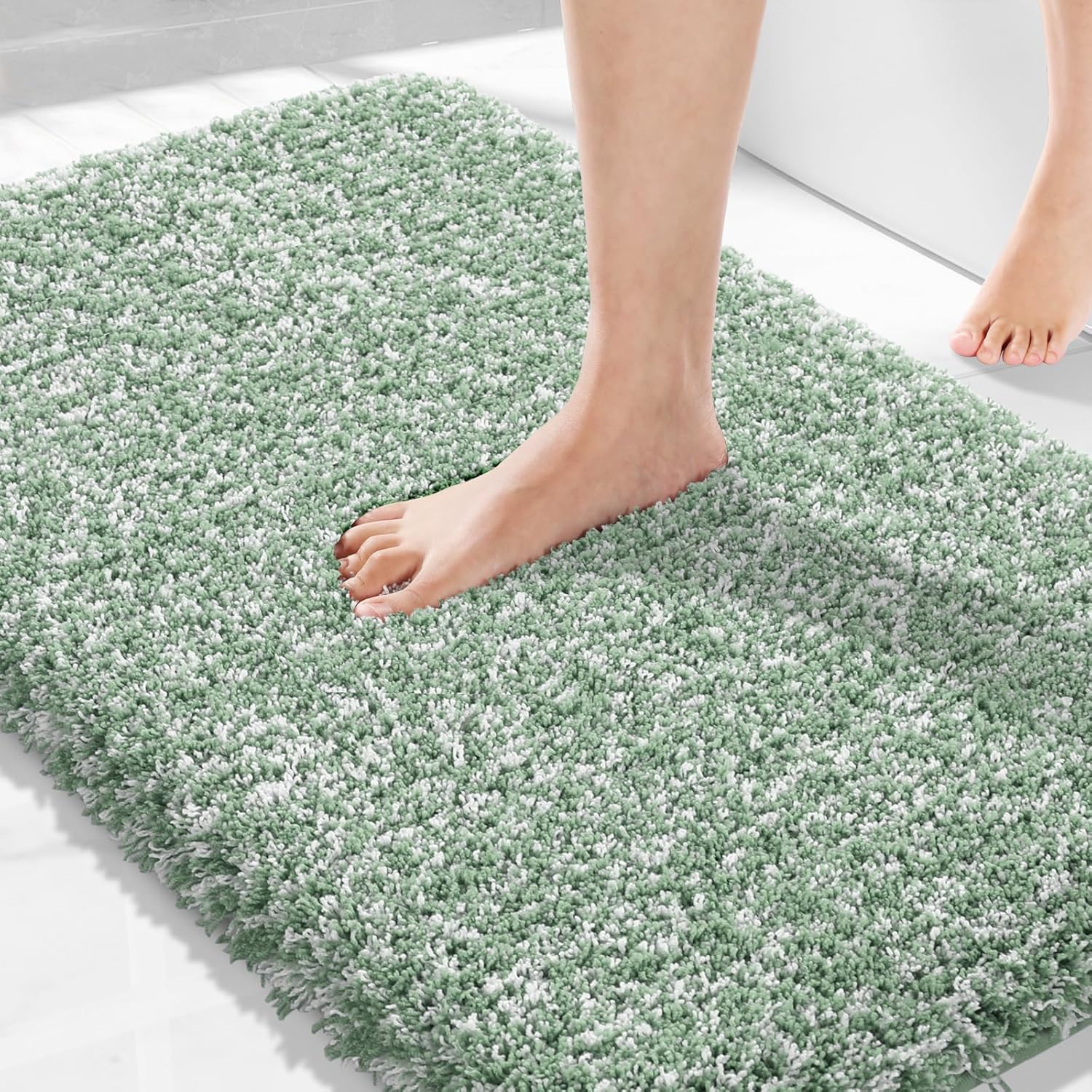 Yimobra Light Green and White Bathroom Rugs Non Slip Washable