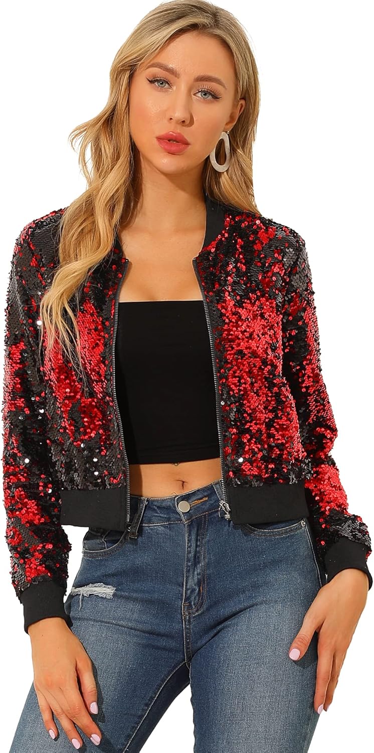 Allegra K Sequin Bomber Jacket for Sparkly Halloween Parties