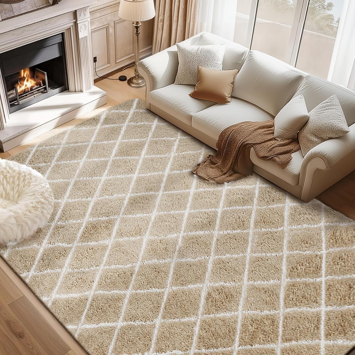 Fluffy Rug for Bedroom, 8X10Feet Stripe Checkered Design