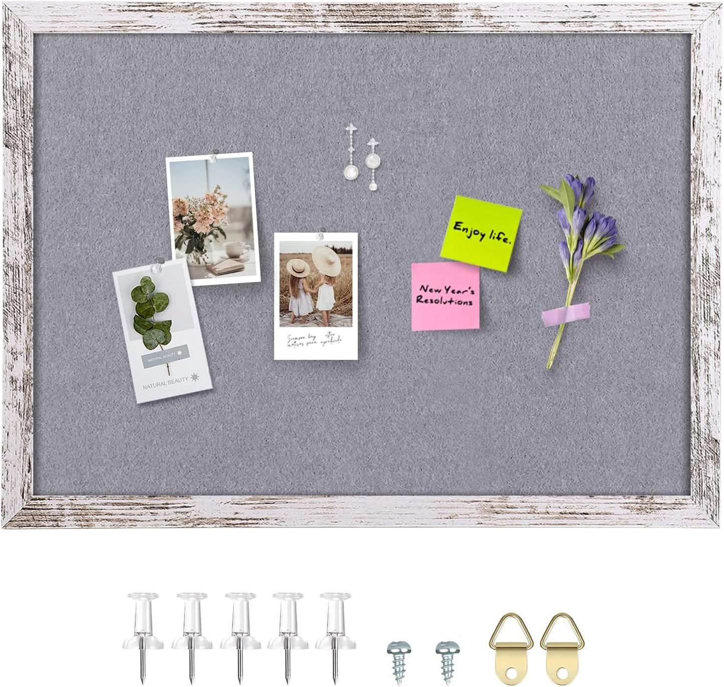 Gray Felt Bulletin Board with Rustic Wood Frame for Home Office