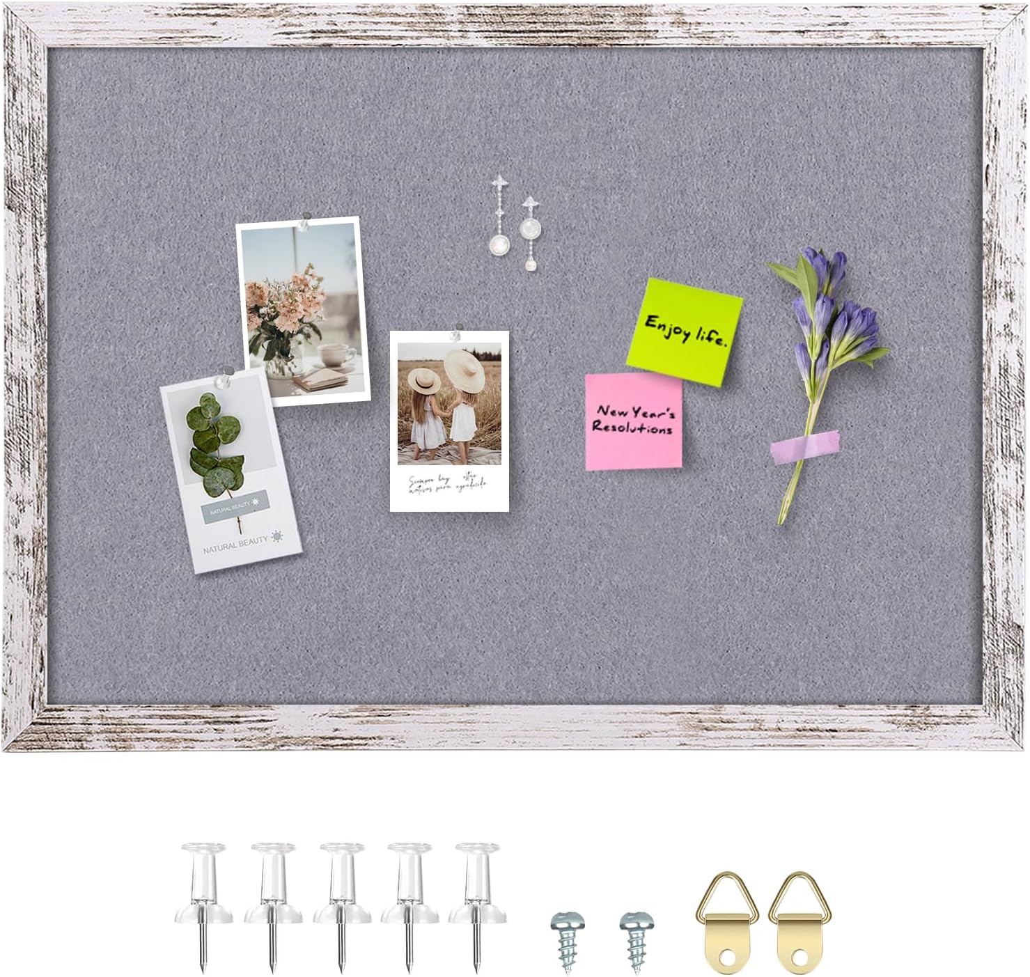 Gray Felt Bulletin Board with Rustic Wood Frame for Home Office
