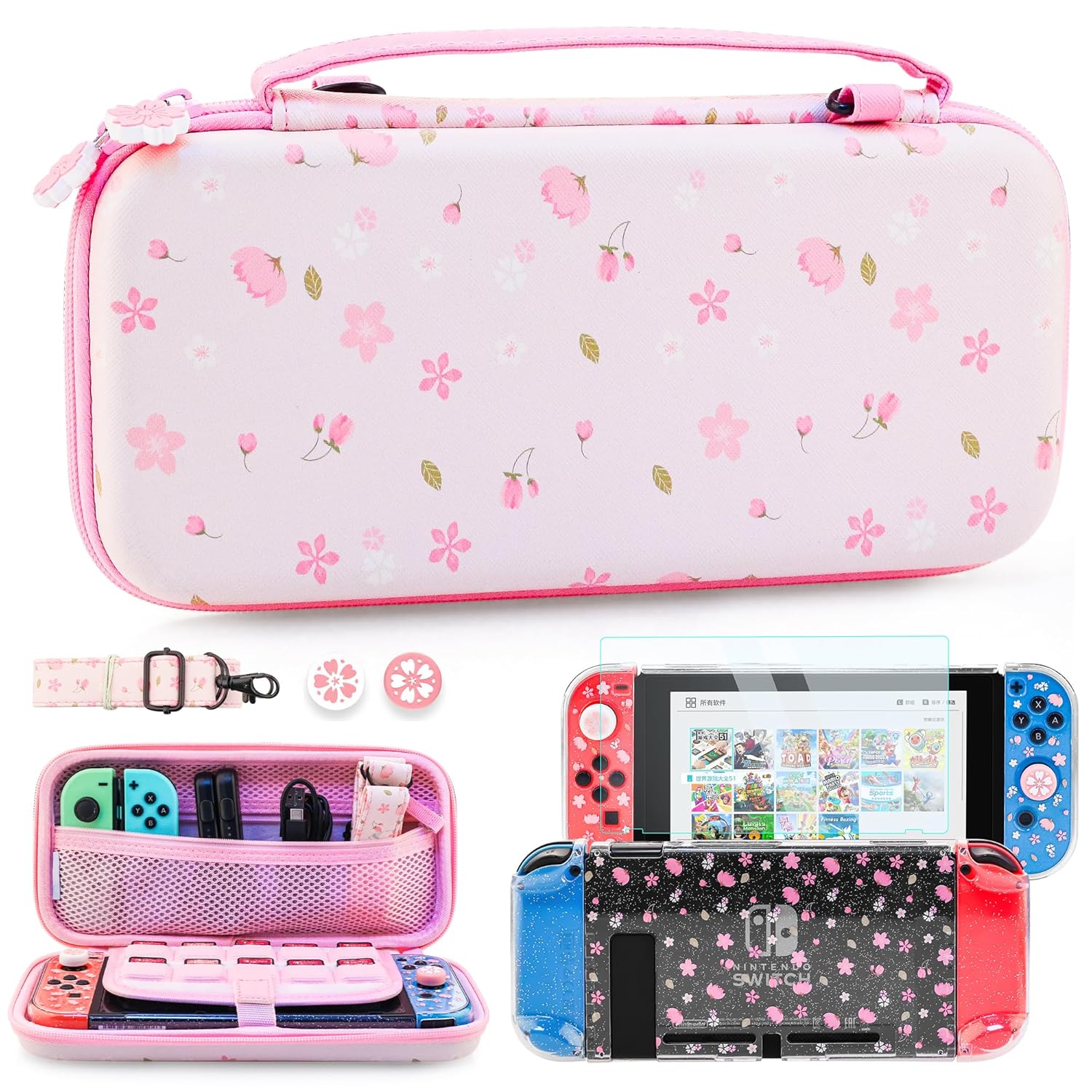 Sakura Pink Carrying Case Set for Nintendo Switch Accessories