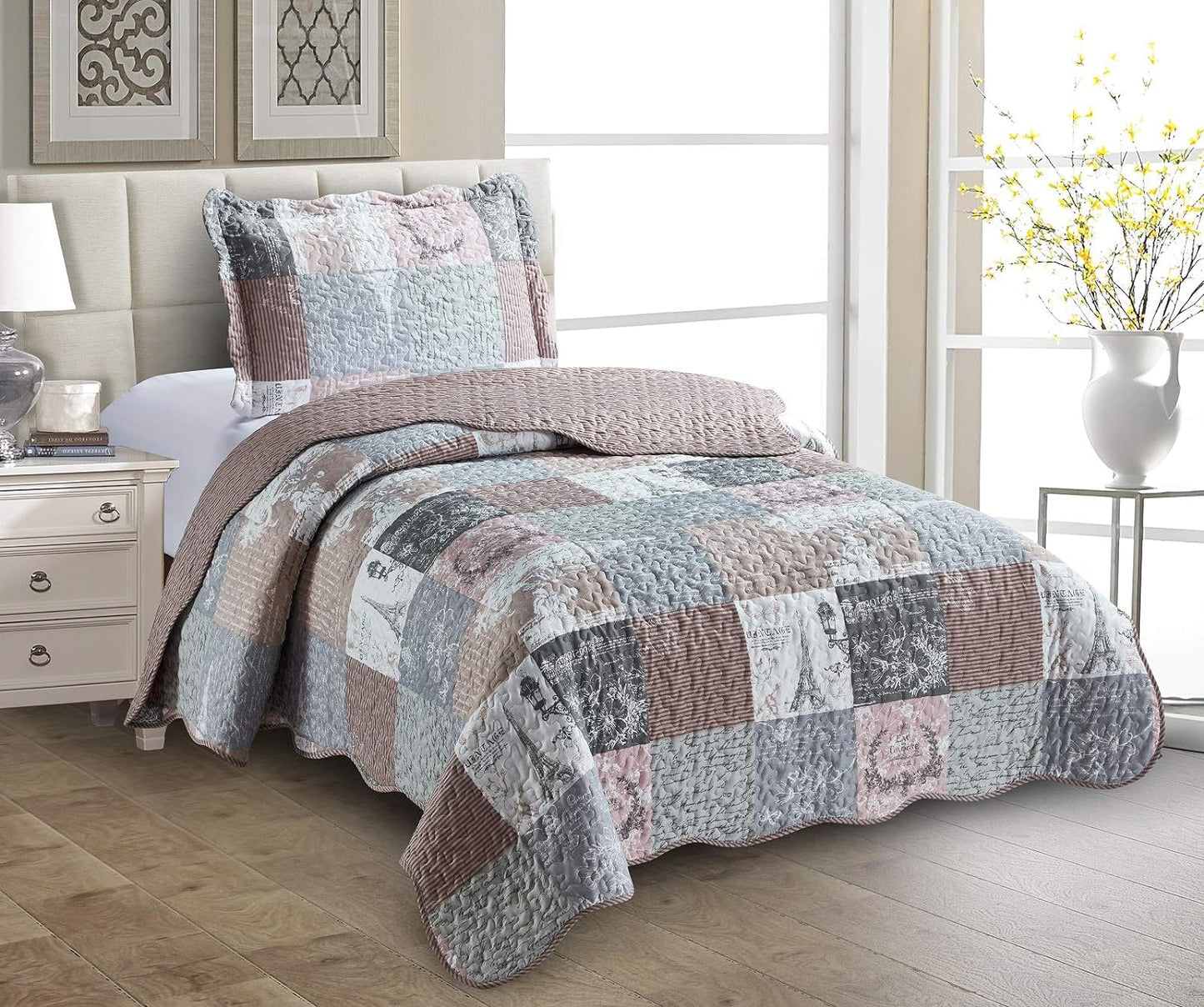 Brilliant Sunshine Paris and Toile Floral Quilt Set for Twin Beds