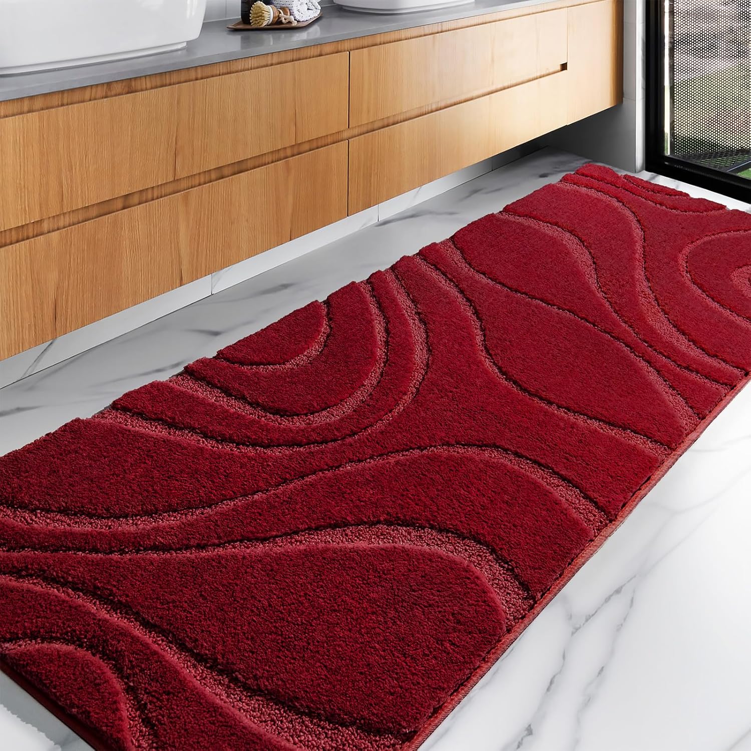 DEXDE Extra Long Bathroom Rug Non-Slip 24 x 72 Inch Burgundy Red