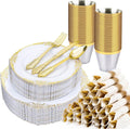 350 PCS White and Gold Plastic Plates Dinnerware Set - Elegant