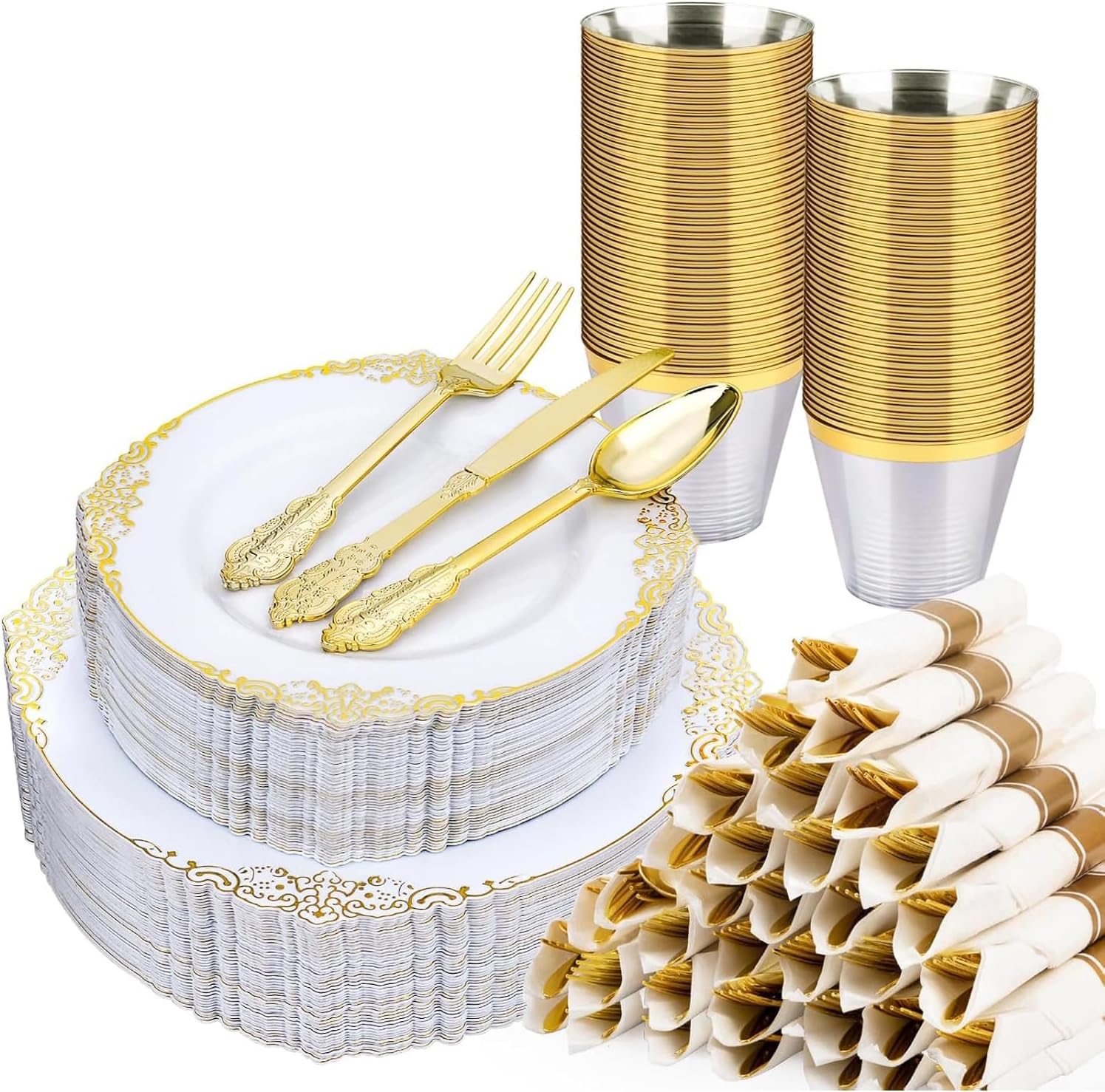 350 PCS White and Gold Plastic Plates for Elegant Gatherings
