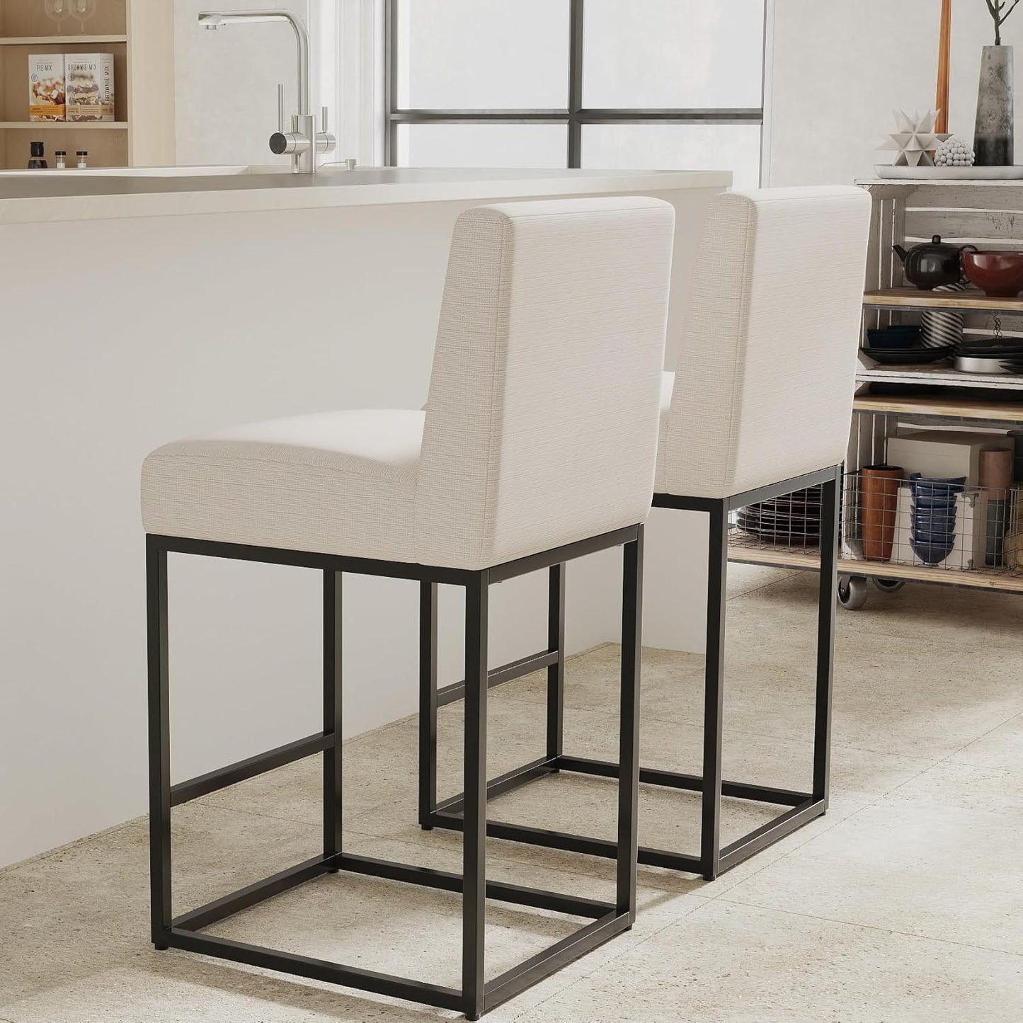 27in Height Cream Fabric Bar Stools Set of 2 for Modern Kitchen