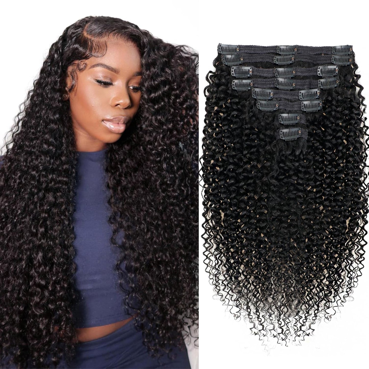 Kinky Curly Clip in Hair Extensions for Women - 18in Natural Color