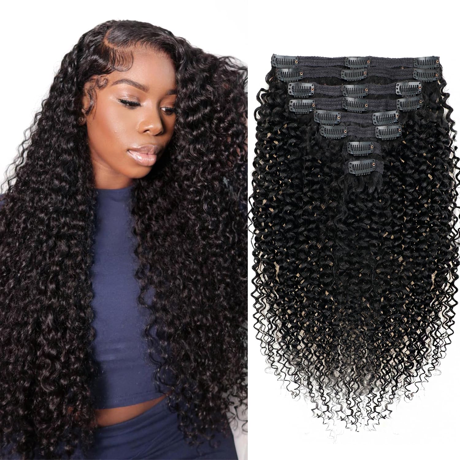 Kinky Curly Clip in Hair Extensions for Women - 18in Natural Color