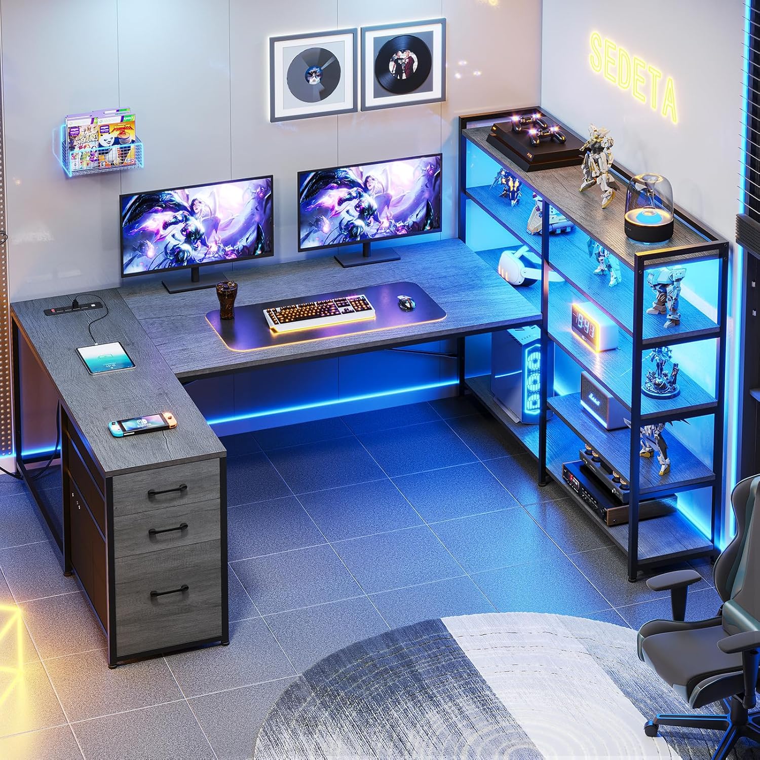 SEDETA Corner Computer Desk with LED Lights and Power Outlet