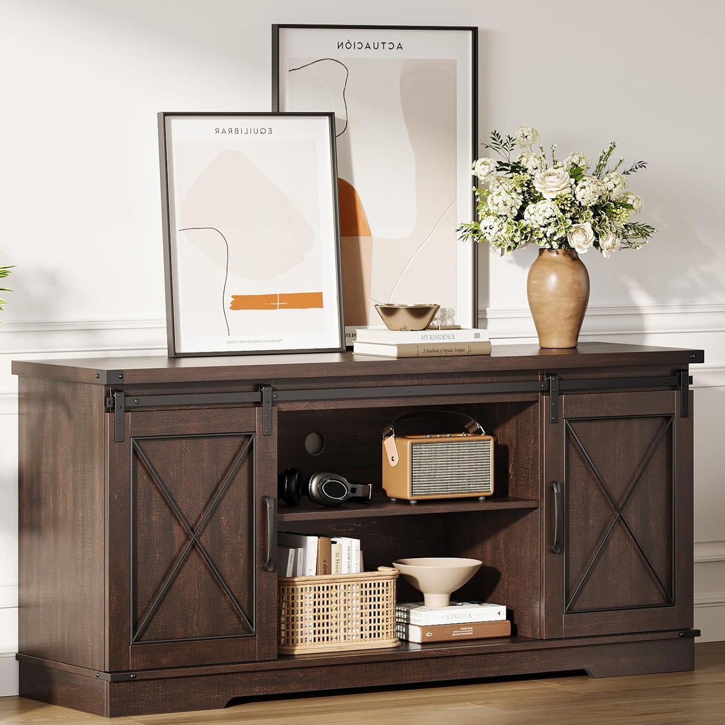 Farmhouse TV Stand with Sliding Barn Doors for TVs up to 65 in