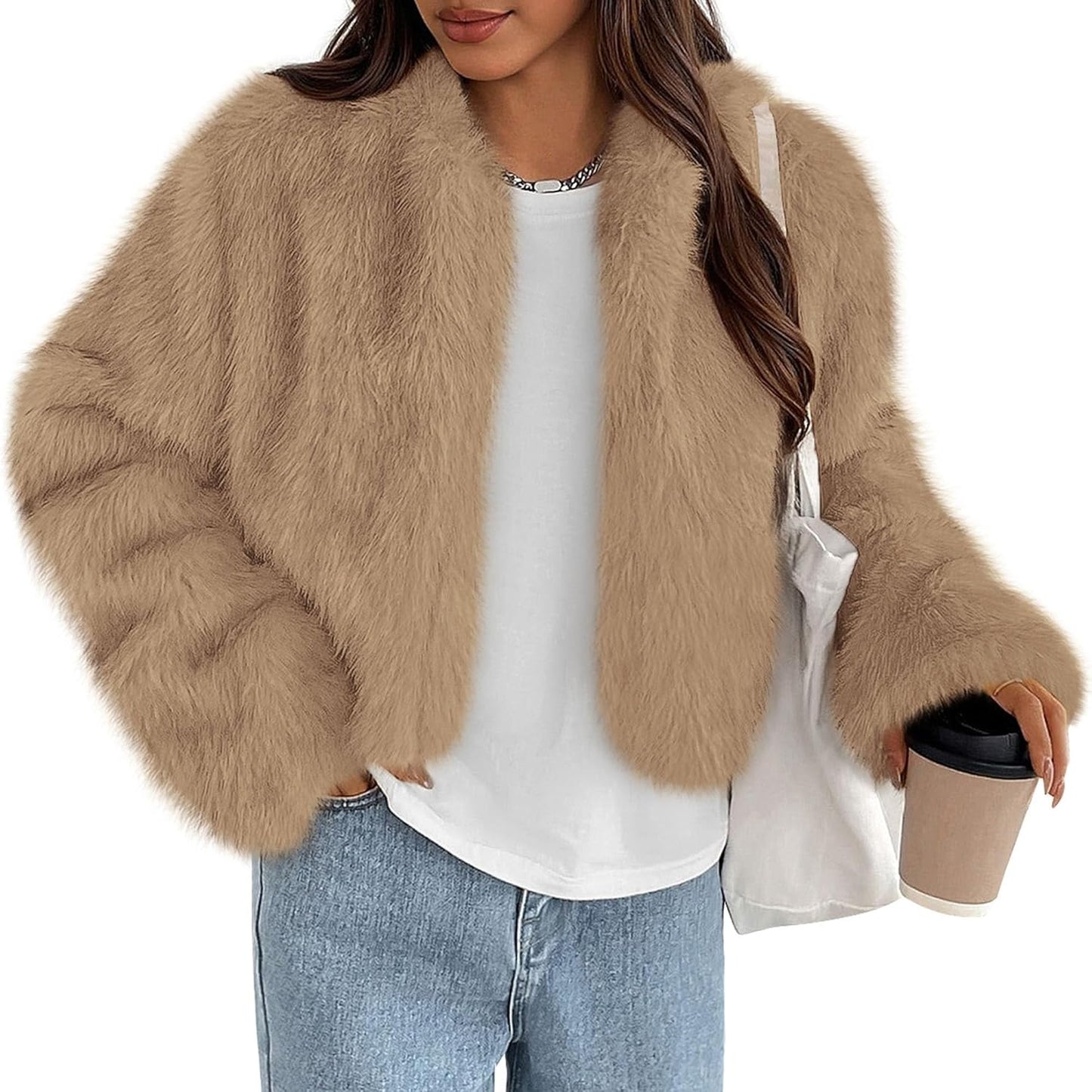 PRETTYGARDEN Womens Fluffy Cropped Faux Fur Jacket for Winter