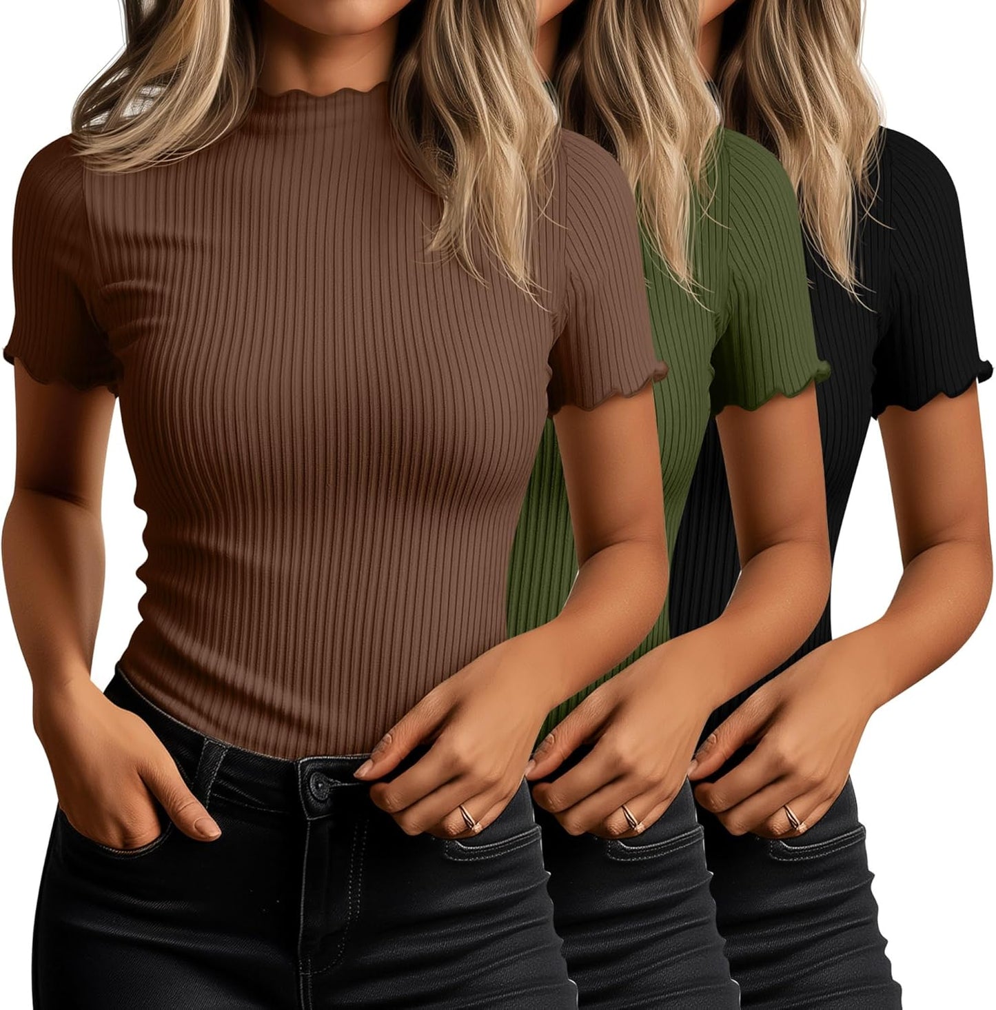 Huukeay Women's Mock Turtleneck Short Sleeve Tops 3 Pack