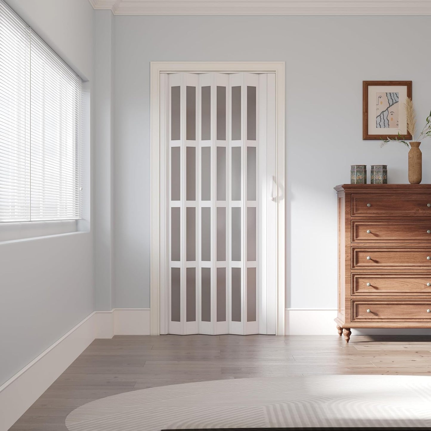 Enhanced Accordion Doors with Frosted Acrylic Panels for Privacy
