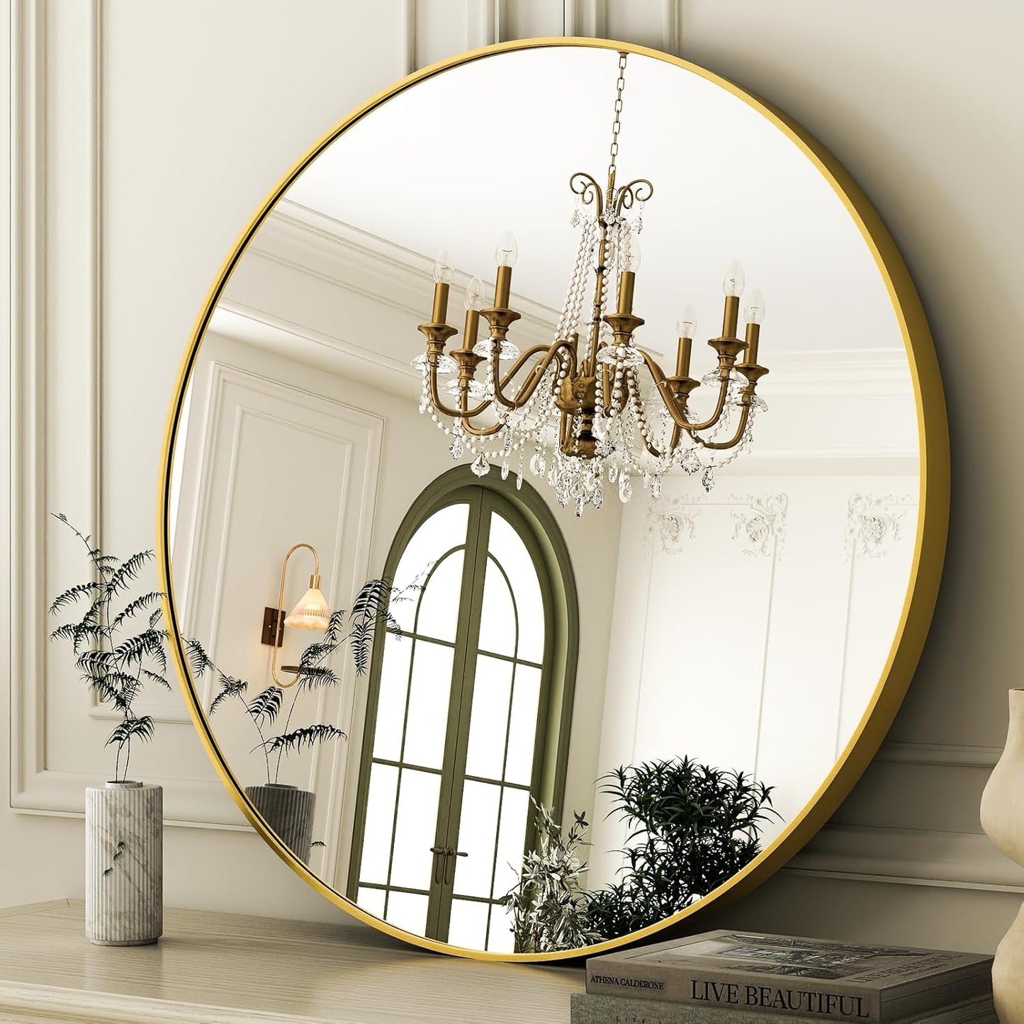 36 Inch Round Bathroom Mirror - Modern Gold Wall Mounted Decor