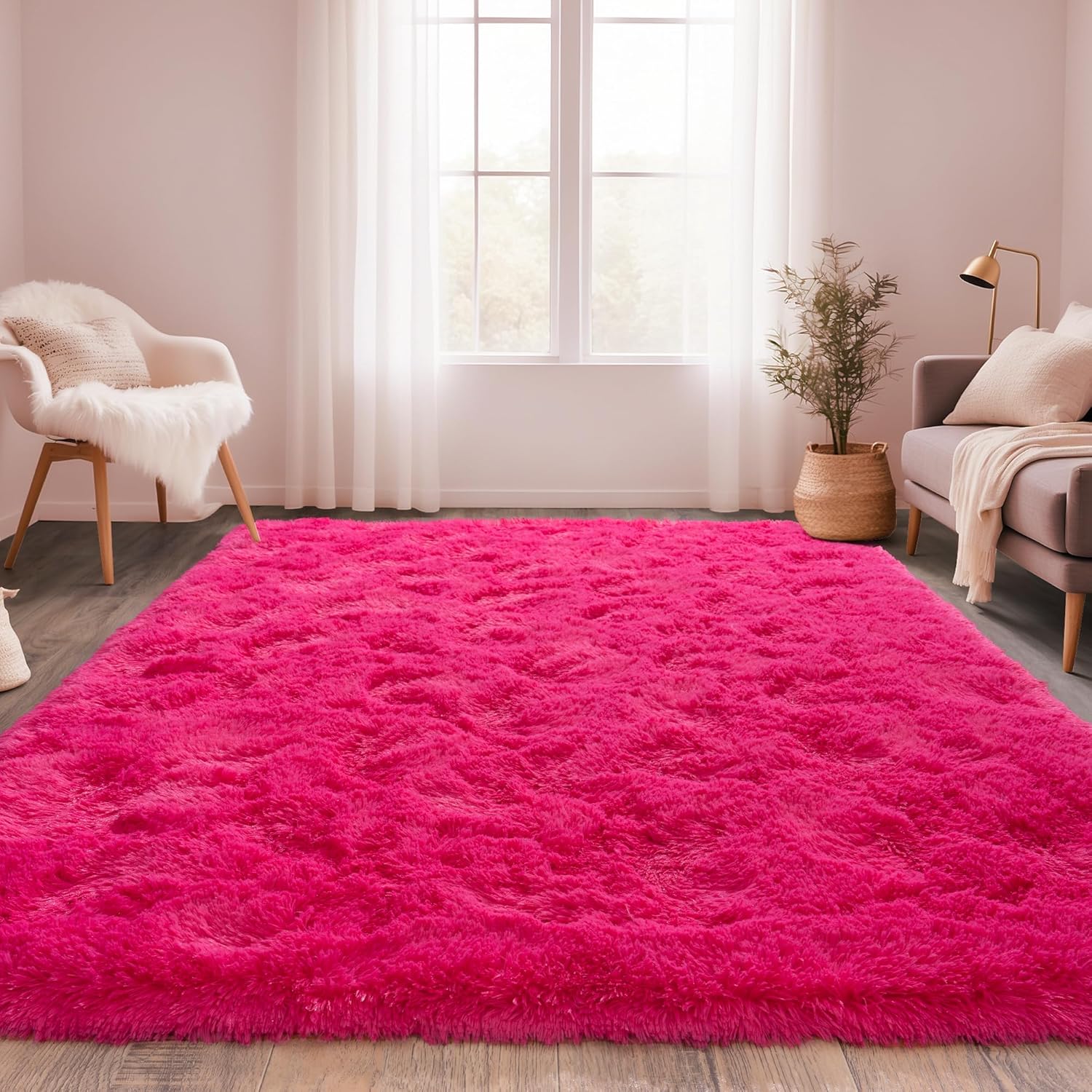 Hot Pink Fluffy Rug for Bedroom - Ultra Soft Non Slip Shaggy Carpet