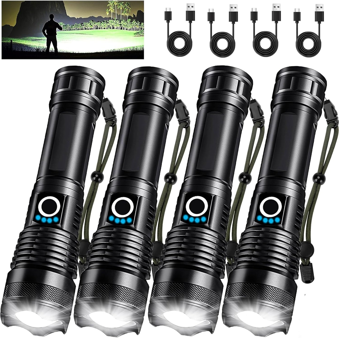 4 Pack Rechargeable LED Flashlights with 90,000 Lumens Power