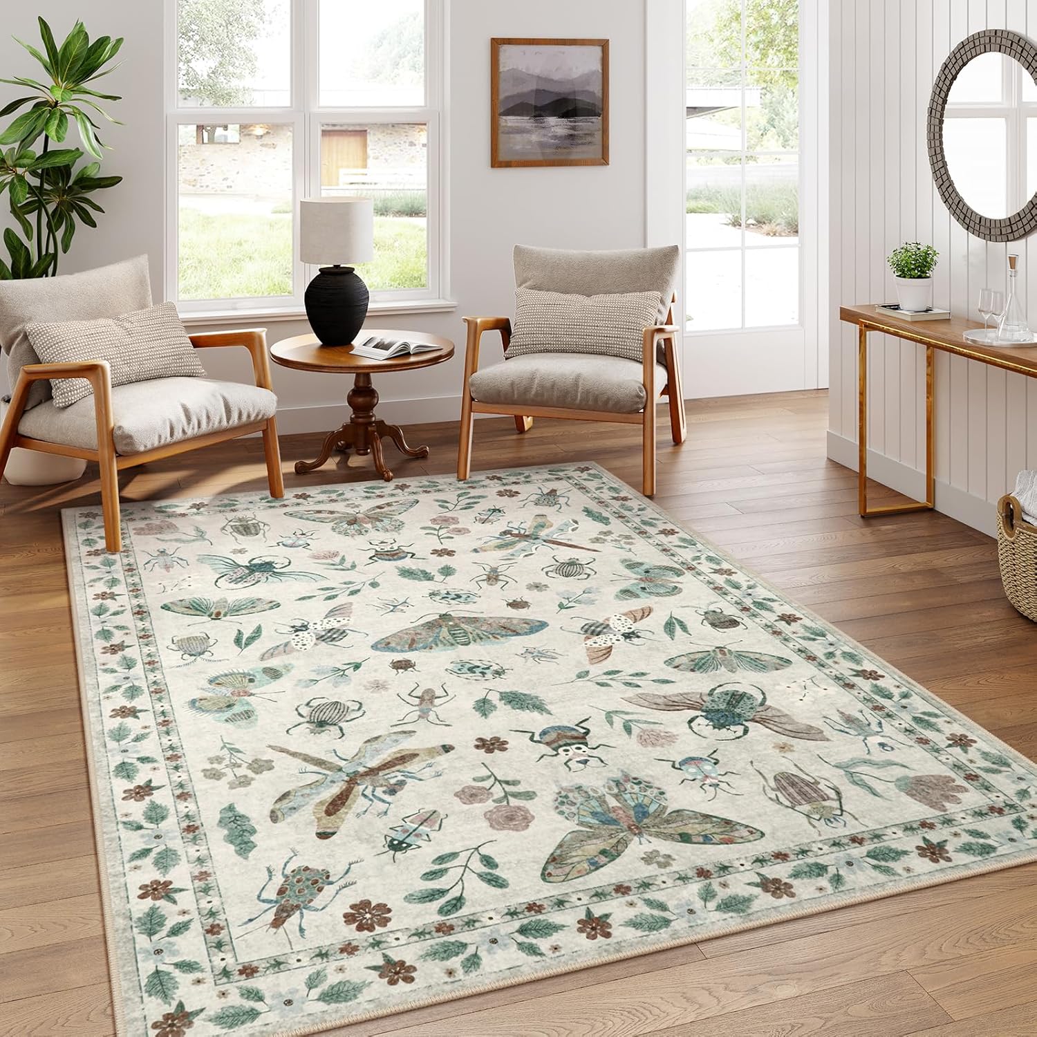 Lahome Insect Print Washable 6x9 Area Rug for Living Room