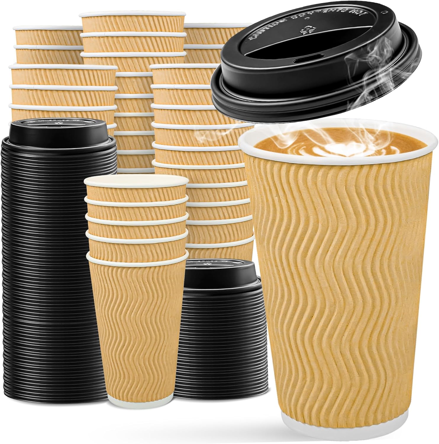Insulated Ripple Wall Coffee Cups with Lids - 16 oz - 100 Pack - Beige