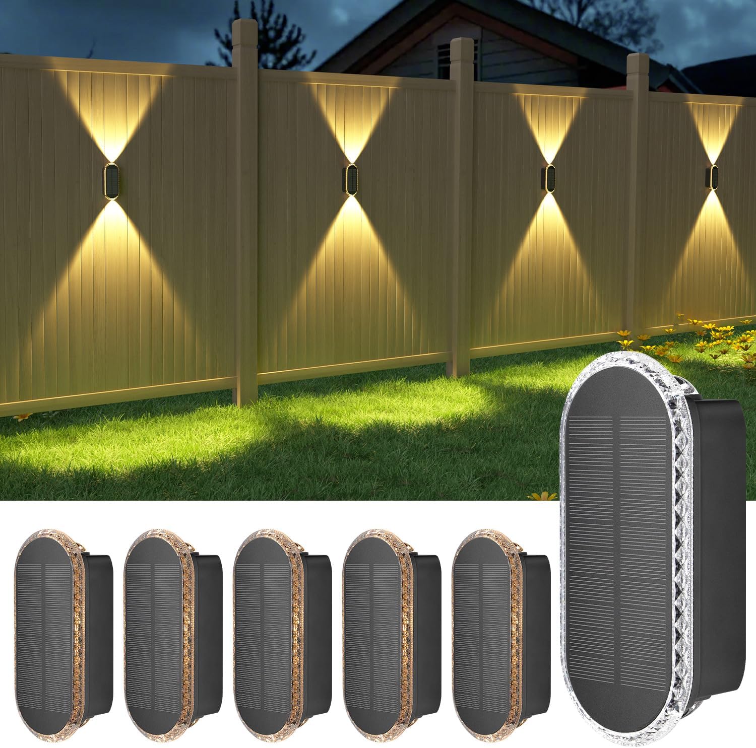 Ellasay Solar Fence Lights Outdoor - 6-Pack Waterproof LED Lights