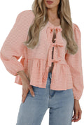 Women's Babydoll Peplum Blouse - Puff Sleeve Bow Tie Top