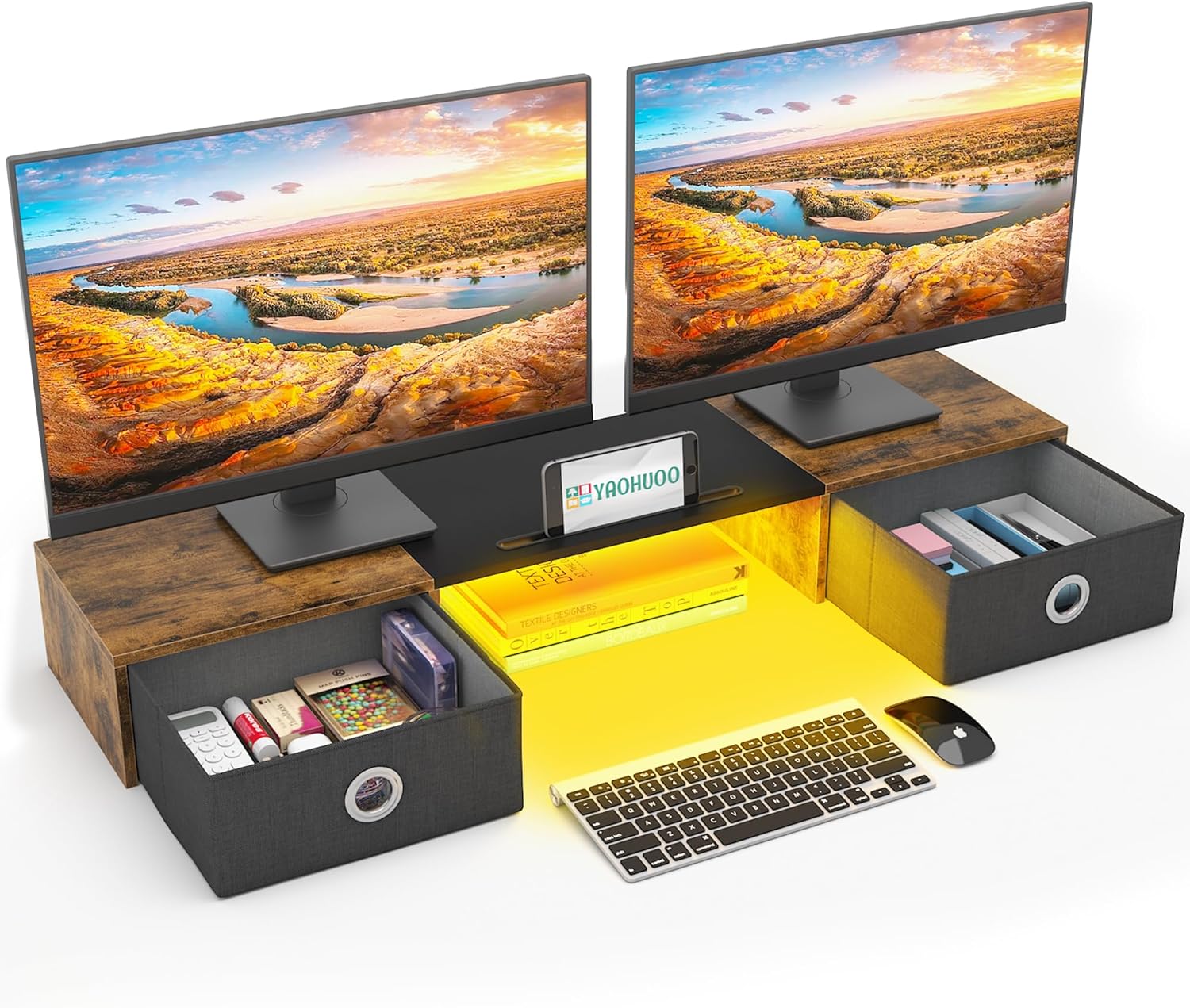 YAOHUOO Dual Monitor Stand with LED Light and Storage Drawers